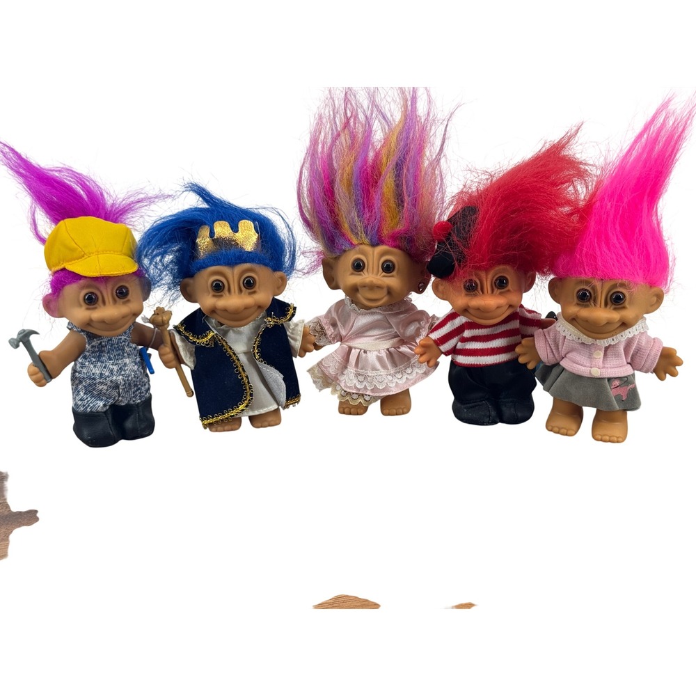 Russ Berrie Vintage Troll Doll Lot 5pc King Pirate Construction Poodle Skirt 90s